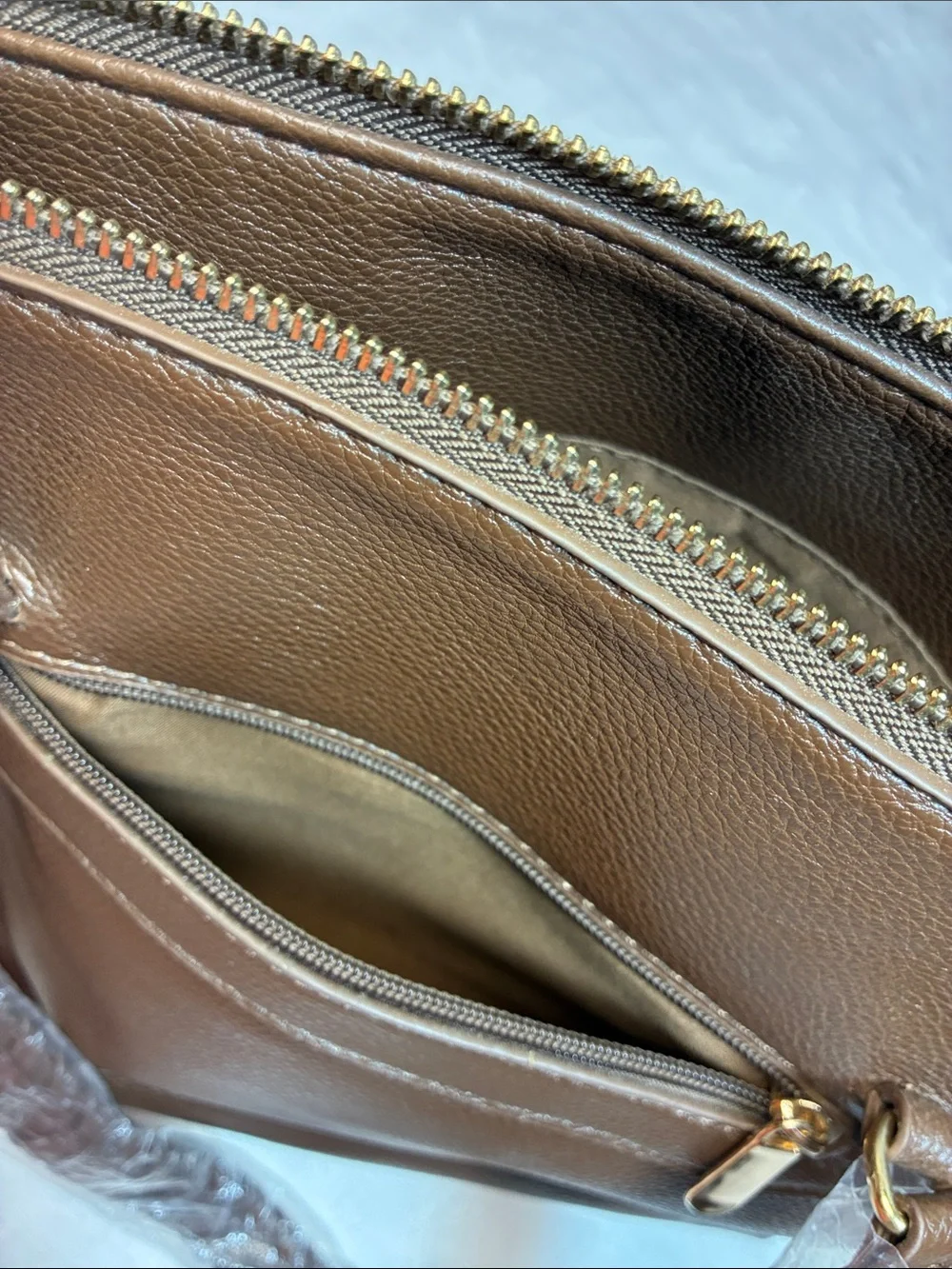 Fringe Shoulder Bag - Brown Faux Leather 16in wide x 11in tall